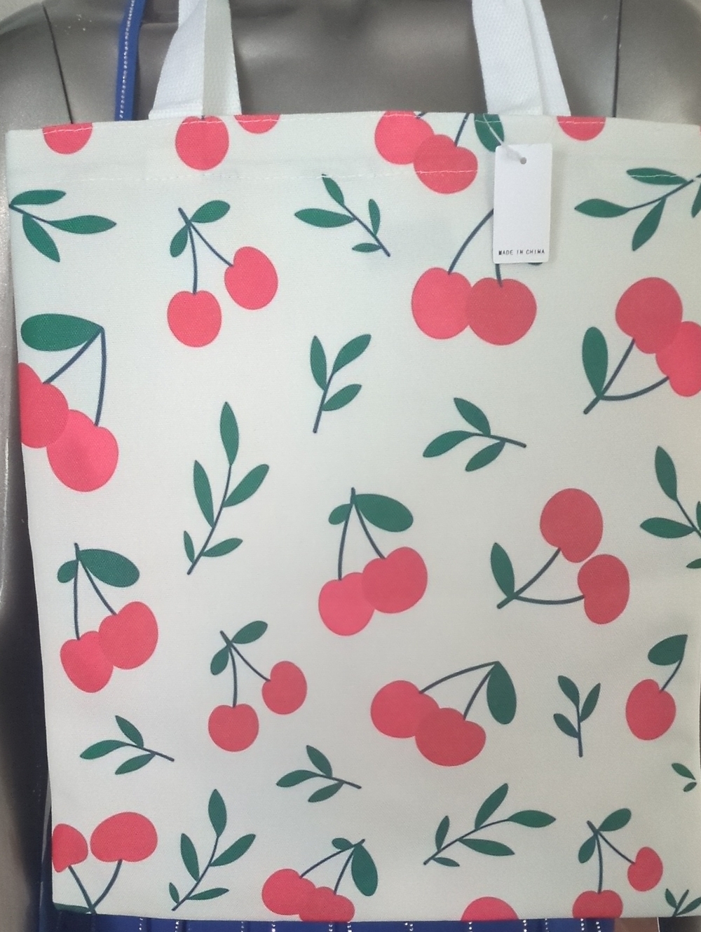 Cherry Print Canvas Tote Bag - White / Pink
